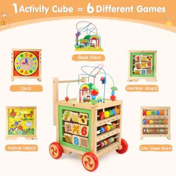 Wooden Activity Cube 6 in 1 Montessori Toys Educational Learning Sensory Toys for 1 Year Old 12-18 Months Boys Girls First Birthday Gifts for Baby Toddler Toys Age 1-2 Bead Maze Shape Sorter Abacus