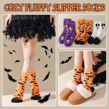 AIVEI Halloween Socks 3 Pairs Fuzzy Fluffy Cozy Funny Novelty Crew Socks Thermal Warm Thick Winter Socks Gifts for Women Cute Boo Spooky Basket Stuffers