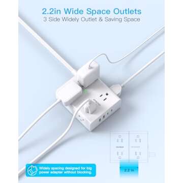 Surge Protector Power Strip, 5Ft Flat Extension Cord Flat Plug with 4 USB Charging Ports (2 USB C) 8 Widely Outlets, 1080J Wall Mount Outlet Extender, Office Supplies, Dorm Room Essentials