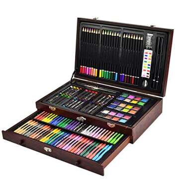 Sunnyglade 145 Piece Deluxe Art Set, Wooden Box & Drawing Kit with Crayons, Oil Pastels, Colored Pencils, Watercolor Cakes, Sketch Pencils, Paint Brush, Sharpener, Eraser, Color Chart (Cherry)