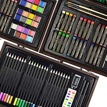 Sunnyglade 145 Piece Deluxe Art Set, Wooden Box & Drawing Kit with Crayons, Oil Pastels, Colored Pencils, Watercolor Cakes, Sketch Pencils, Paint Brush, Sharpener, Eraser, Color Chart (Cherry)