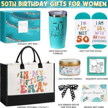 50th Birthday Gifts for Her, Fabulous 50th Birthday Gifts for Women, Cool Turning 50 Year Old Gifts 1974 Gifts, Unique Happy 50th Birthday Gifts Ideas for Her Mom Sister Friend Wife w/ Canvas Tote Bag