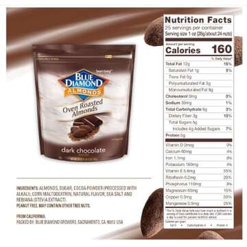 Blue Diamond Almonds Oven Roasted Dark Chocolate Flavored Snack Nuts, 25 Oz Resealable Bag (Pack of 1)