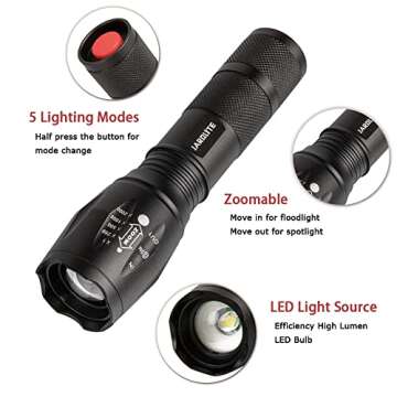 JARDLITE LED Emergency Handheld Flashlight, 4 Pack, Adjustable Focus, Water Resistant with 5 Modes, Best Tactical Torch for Hurricane, Camping, Dog Walking