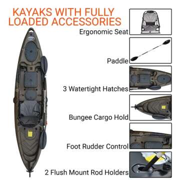 BKC UH-RA220 11.5 Foot Angler Sit On Top Fishing Kayak with Paddles and Upright Chair and Rudder System Included (Army Green)