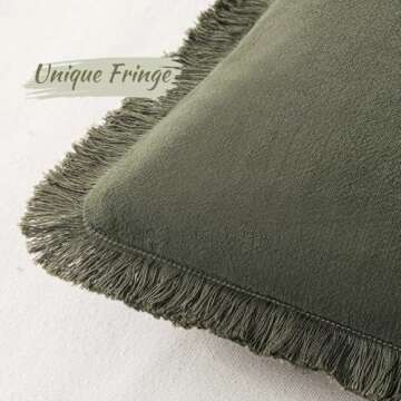 MIULEE Boho Farmhouse Pillow Covers Decorative Neutral Linen Throw Pillow Covers Set of 2 Olive Green Cushion Covers with Fringe for Couch Sofa Bed Living Room Spring Home Decor 18x18 Inch