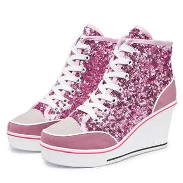 Jiu du Women's Sequins Sneakers Wedge Suede Platform Heels Pump Lace Up High Top Shoes Pink Sequin Size US4.5 EU35