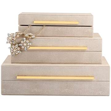 XIGEXIGE Ivory Shagreen Box Leather set of 3 Large Modern Decorative Nesting Jewelry Boxes, Stackable Decorative Storage Boxes With Lids For Home Decor Womens Mens Jewelry Organizer