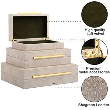 XIGEXIGE Ivory Shagreen Box Leather set of 3 Large Modern Decorative Nesting Jewelry Boxes, Stackable Decorative Storage Boxes With Lids For Home Decor Womens Mens Jewelry Organizer