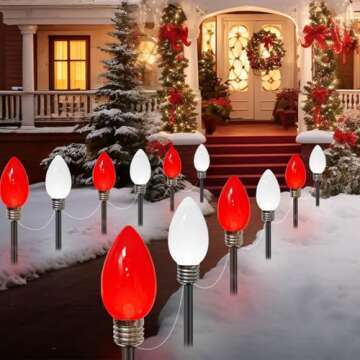 12 Pack Jumbo C9 Christmas Decorations Outdoor Waterproof, Solar Christmas Path Lights with Pathway Marker Stakes, Solar Powered Lights for Outside Yard Lawn Garden Xmas Holiday Decor (Red and White)