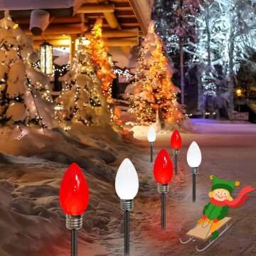 12 Pack Jumbo C9 Christmas Decorations Outdoor Waterproof, Solar Christmas Path Lights with Pathway Marker Stakes, Solar Powered Lights for Outside Yard Lawn Garden Xmas Holiday Decor (Red and White)