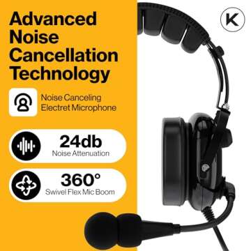 KA-1 General Aviation Headset - Pilot Headset with Mono and Stereo Compatibility - Passive Noise Reduction, Noise-Canceling Microphone, Gel Ear Seals, Adjustable Headband & Headset Bag