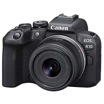 Canon EOS R10 24.2MP Mirrorless Camera with 18-45mm Lens, 64GB Ultra Memory Card, Video Light, Microphone, Filters, U-Grip, Case, Lenses, Software and More (Content Creator Bundle (Renewed)