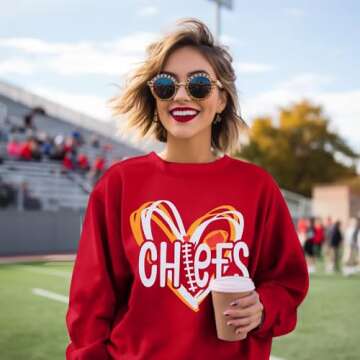 LOTUCY Football Sweatshirt Women Game Day Sweatshirts Football Team Fans Pullover Shirt Heart Graphic Long Sleeve Tops Red