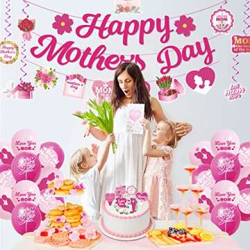 Mother's Day Decorations, Happy Mother's Day Decorations Includes Happy Mother's Day Banner Cake Topper Balloons Hanging Swirls Mother's Day Decorations for Party 36PCS