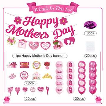 Mother's Day Decorations, Happy Mother's Day Decorations Includes Happy Mother's Day Banner Cake Topper Balloons Hanging Swirls Mother's Day Decorations for Party 36PCS