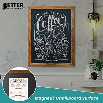 Better Office Products Magnetic Wall Chalkboard, Large Size 18" x 24", Rustic Wood Frame, Chalkboard Sign, Vertical or Horizontal Wall Mount, Includes Chalk and Eraser,(Rustic Brown)