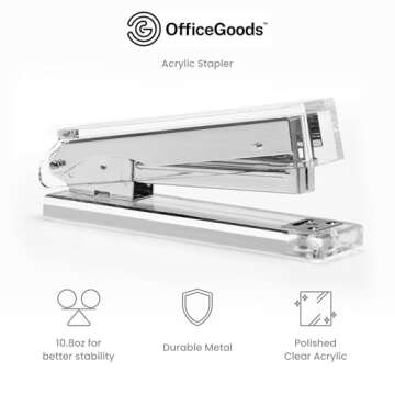 OfficeGoods Acrylic Stapler - Aesthetic Staplers for Desk, Home or Office - Unique and Stylish Design - Take Standard 1.4 inch of Staples - Silver