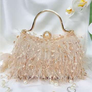 RonFoxi Gold Fluffy Tassel Clutch for Women