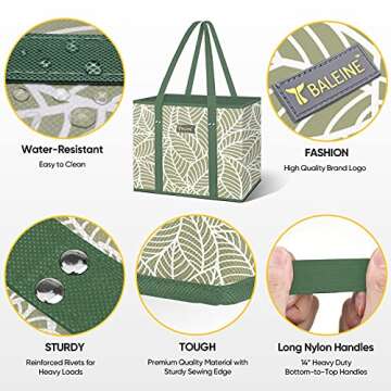 BALEINE 3Pk Reusable Grocery Bags, Foldable Shopping Bags for Groceries with Reinforced Bottom & Handles (Antique Foliage)