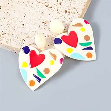 CHUNYANAN Fashion Retro Resin Geometric Lovely Heart Milky Acrylic Resin Love Earrings for Women Girls Elegant Bohemian Temperament Jewelry (Color Heart Love Earrings)