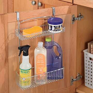 mDesign Over Cabinet Kitchen Storage Unit - Practical Organiser with Stainless Steel Storage Baskets - Hanging Cupboard Organiser for Cleaning Supplies and Cookware - Chrome