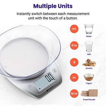 Etekcity 0.1g Food Kitchen Scale, Bowl, Digital Grams and Ounces for Weight Loss, Dieting, Baking, Cooking, and Meal Prep, 11lb/5kg, Stainless Steel Silver