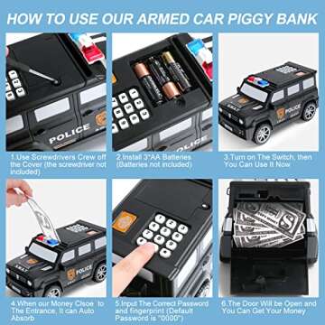 GuDoQi Piggy Bank for Boys Girls, Mini ATM Police Car Bank Coin Bank Money Saving Box with Password, Electronic Money Bank Toy Car with Music, Great Birthday Gifts for Kids Black