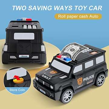 GuDoQi Piggy Bank for Boys Girls, Mini ATM Police Car Bank Coin Bank Money Saving Box with Password, Electronic Money Bank Toy Car with Music, Great Birthday Gifts for Kids Black