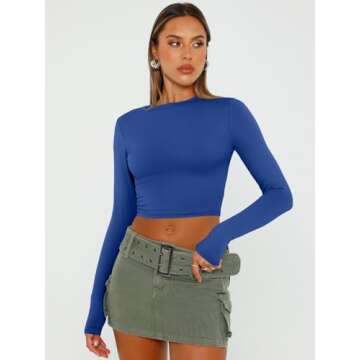 Trendy Queen Womens Long Sleeve Crop Tops Basic Slim Fitted Shirts Casual Fashion 2025 Going Out Y2k Tops Teen Girl Clothes Royal Blue L