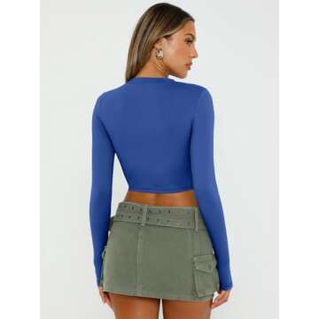 Trendy Queen Womens Long Sleeve Crop Tops Basic Slim Fitted Shirts Casual Fashion 2025 Going Out Y2k Tops Teen Girl Clothes Royal Blue L