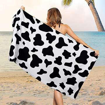 Microfiber Cow Print Beach Towels, Black White Cow Spots Beach Towel Oversized, Quick Dry Animal Cow Bath Towel Large, Absorbent Bathroom Towel for Men, Women, Travel, Swim, 31.5 x 59.1 Inch