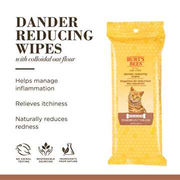 Burt's Bees for Pets Cat Dander Wipes with Colloidal Oat Flour, 98% Natural Origin Formulas, Cat Dander Remedy, Cat Wipes for Allergy Relief, Cat Dander Wipes, 50ct