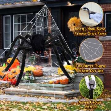 Halloween Spider Web Decorations - 200" Halloween Spider Web + 59" Giant Spider Outdoor Halloween Dcorations, Halloween Party Supplies Home Garden Yard Halloween Indoor Outdoor Haunted Decor