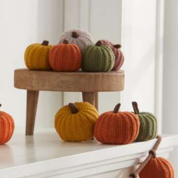 Mini knit pumpkins set of 5, hygge decor, cozy gifts for women, autumn bowl fillers fall farmhouse tier tray decor, decorative pumpkins for friend (Mini Autumn Set)