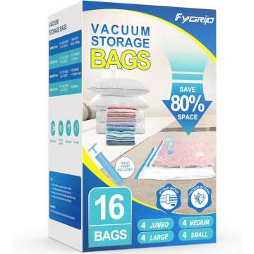 16 Pack Vacuum Storage Bags with Hand Pump, 4 Jumbo + 4 Large + 4 Medium + 4 Small 80% Space Saver Vacuum Seal Bags for Clothing, Vacuum Compression Bags Travel Lugggage, Blankets, Comforters