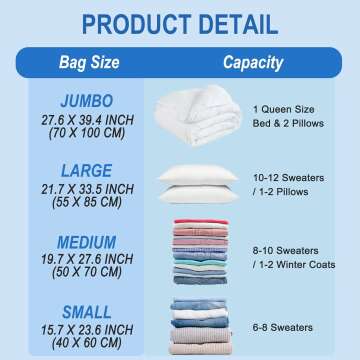 16 Pack Vacuum Storage Bags with Hand Pump, 4 Jumbo + 4 Large + 4 Medium + 4 Small 80% Space Saver Vacuum Seal Bags for Clothing, Vacuum Compression Bags Travel Lugggage, Blankets, Comforters