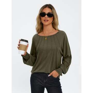 AUTOMET Womens Casual Long Sleeve Pleated Tops - Army Green S