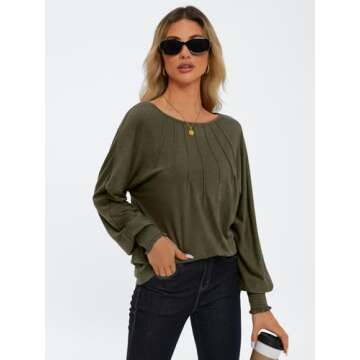 AUTOMET Womens Fall Fashion Long Sleeve Shirts Fall Tops Pleated Shirts Casual Loose Dressy Basic Trendy Clothes 2024 Army Green S