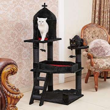 YARUOMY Gothic Cat Tree with Coffin Bed，55" Cat Tower with Spacious Cat Condo，Scratching Posts，Spider Hanging Ball，Multi-Level Cat Activities Furniture for Large Cats, Black Halloween