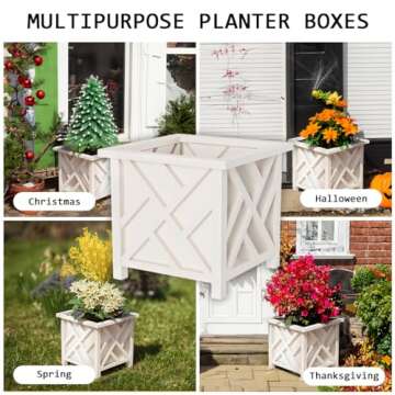 Planters Box - 14.75in Lattice Flower Box Plant Pot - Outdoor Patio Planters and Flower Boxes for Front Porch or Garden Decor by Pure Garden (White)