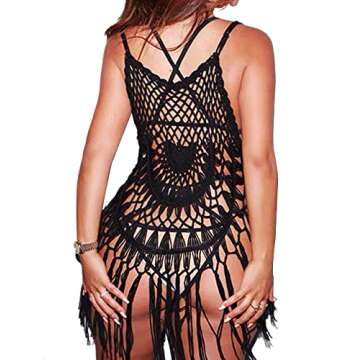 Ekouaer Beach Swimsuit Cover Up Women Crochet Bikini Coverups Summer Pool Swimwear Tassel Dress Black