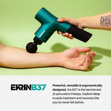 Ekrin Athletics B37 Massage Gun - Deep Tissue Massage with High-Powered Brushless Motor - Ergonomic Back Massager for Pain Relief - 5 Speeds, 4 Attachments - Ultra Quiet Hand-Held Massager