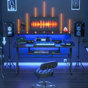 armocity Music Studio Desk with Power Outlets and RGB LED Lights, Music Production Desk for Recording, Studio Workstation Desk for Producer, Music Table for Studio, Matte Black