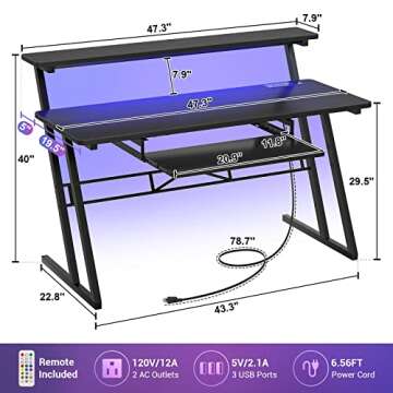 armocity Music Studio Desk with Power Outlets and RGB LED Lights, Music Production Desk for Recording, Studio Workstation Desk for Producer, Music Table for Studio, Matte Black