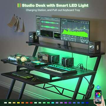 armocity Music Studio Desk with Power Outlets and RGB LED Lights, Music Production Desk for Recording, Studio Workstation Desk for Producer, Music Table for Studio, Matte Black