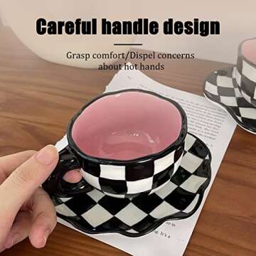 StarLuckINT Porcelain Cappuccino Cups with Saucers, Hand Painted Checkerboard Coffee Cup With Saucer, Ceramic Coffee Mug, for Office and Home, Dishwasher and Microwave Safe Latte Tea Milk-7oz, Pink