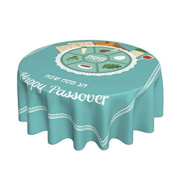 Happy Traditional Jewish Passover Round Tablecloth Wrinkle Resistant Decorative Table Cover for Kitchen Dining Parties Outdoor