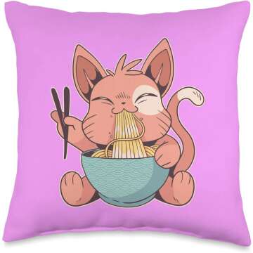 Cute Anime Gifts for Teen Girls Cute Anime Cat Eating Ramen Japanese Kawaii Style Throw Pillow, 16x16, Multicolor