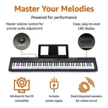 Amazon Basics Digital Piano 88 Key Semi-Weighted Keyboard with Sustain Pedal, Power Supply, 2 Speakers, and Lesson Mode, Black